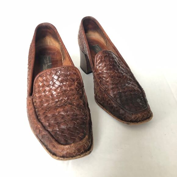 Sesto Meucci Woven Loafer Block Heel Brown 7 Italy - Picture 10 of 12